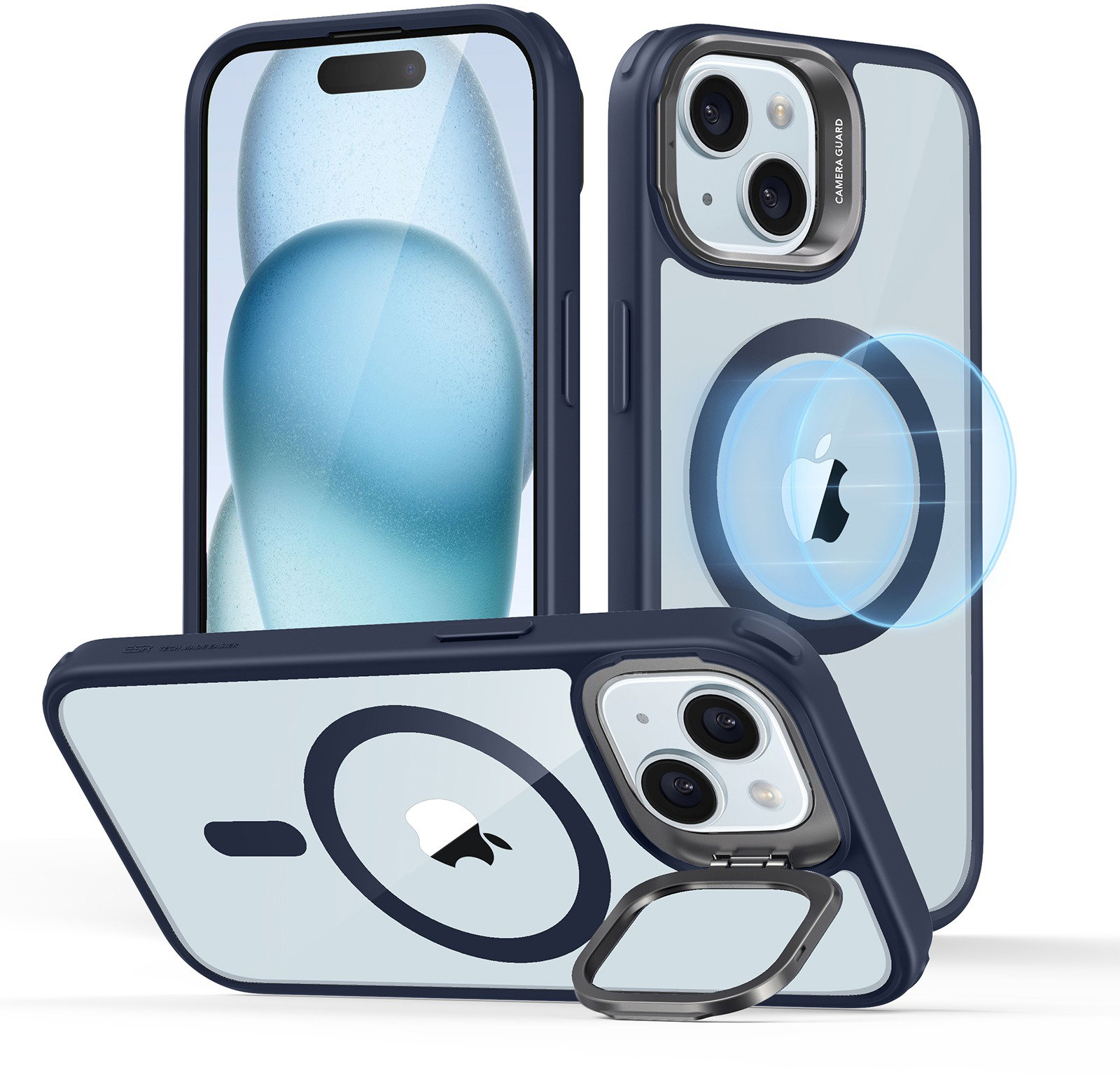 ESR Classic Hybrid Case with Stash Stand (HaloLock), Compatible with iPhone 15 Plus, Clear Dark Blue tok