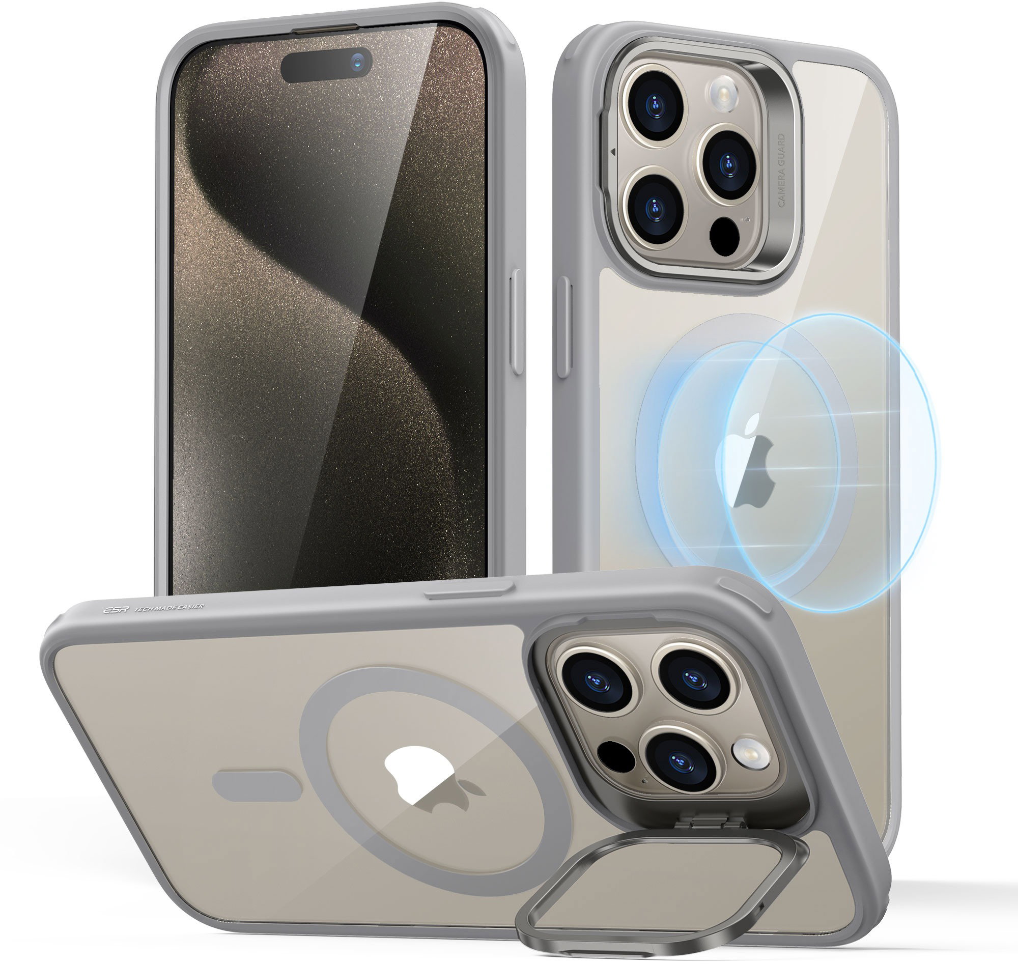 ESR Classic Hybrid Case with Stash Stand (HaloLock), Compatible with iPhone 15 Pro Max, Clear Grey tok