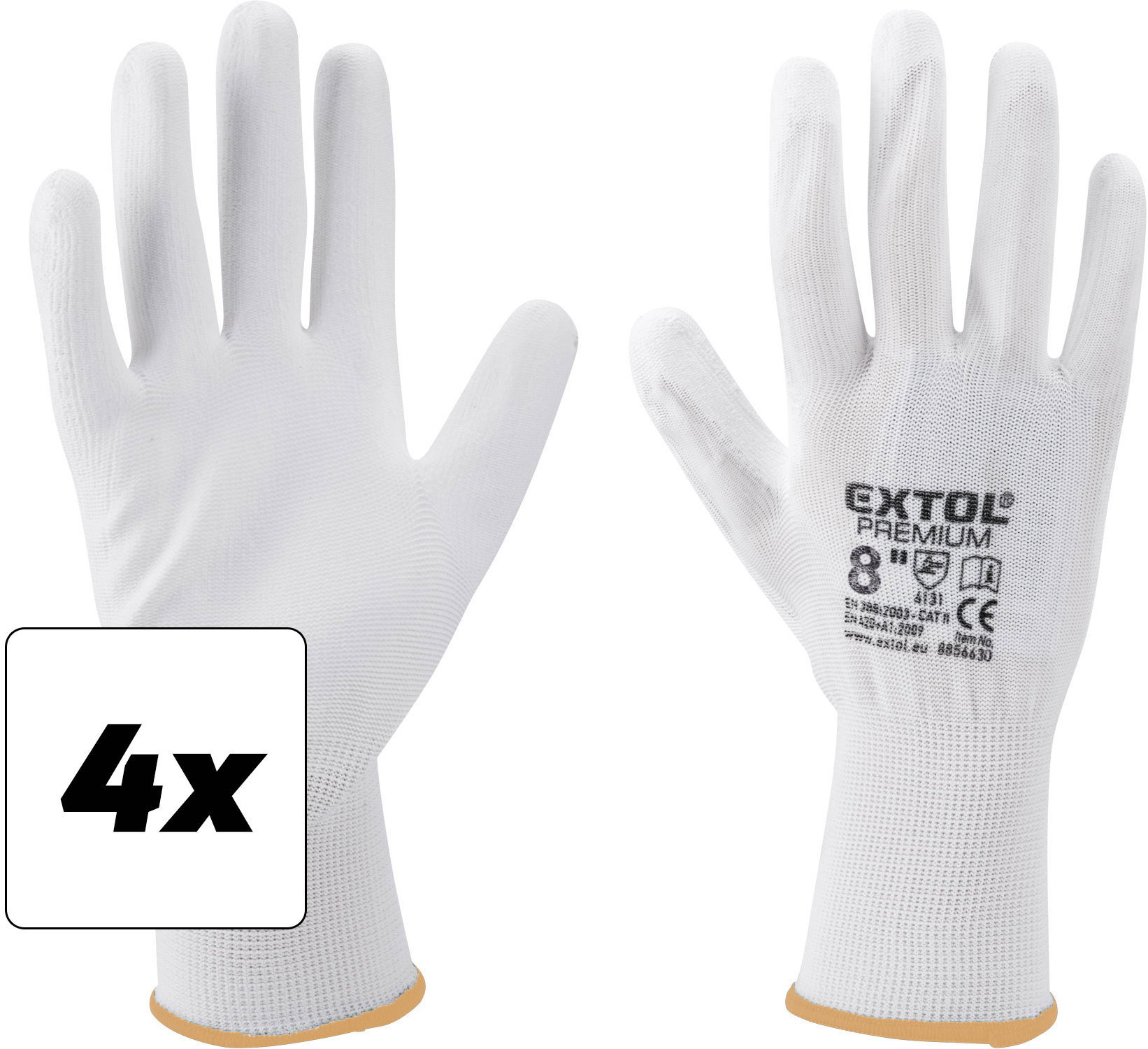 EXTOL PREMIUM kesztyű poliészterből, félig mártott PU, fehér, 8" méret, 4 darabos szett