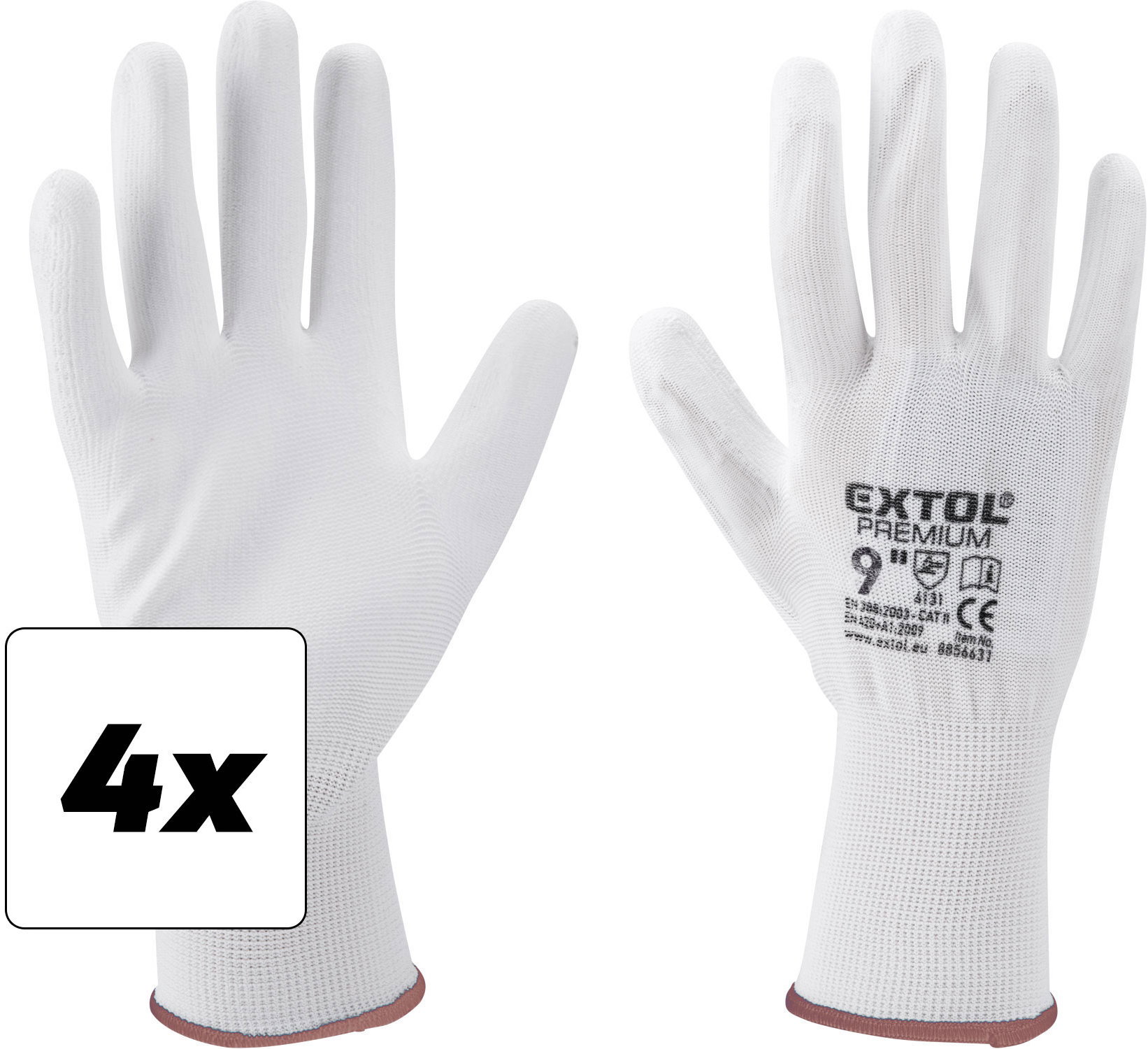 EXTOL PREMIUM kesztyű poliészterből, félig mártott, PU, fehér, 9" méret, 4 darabos készlet