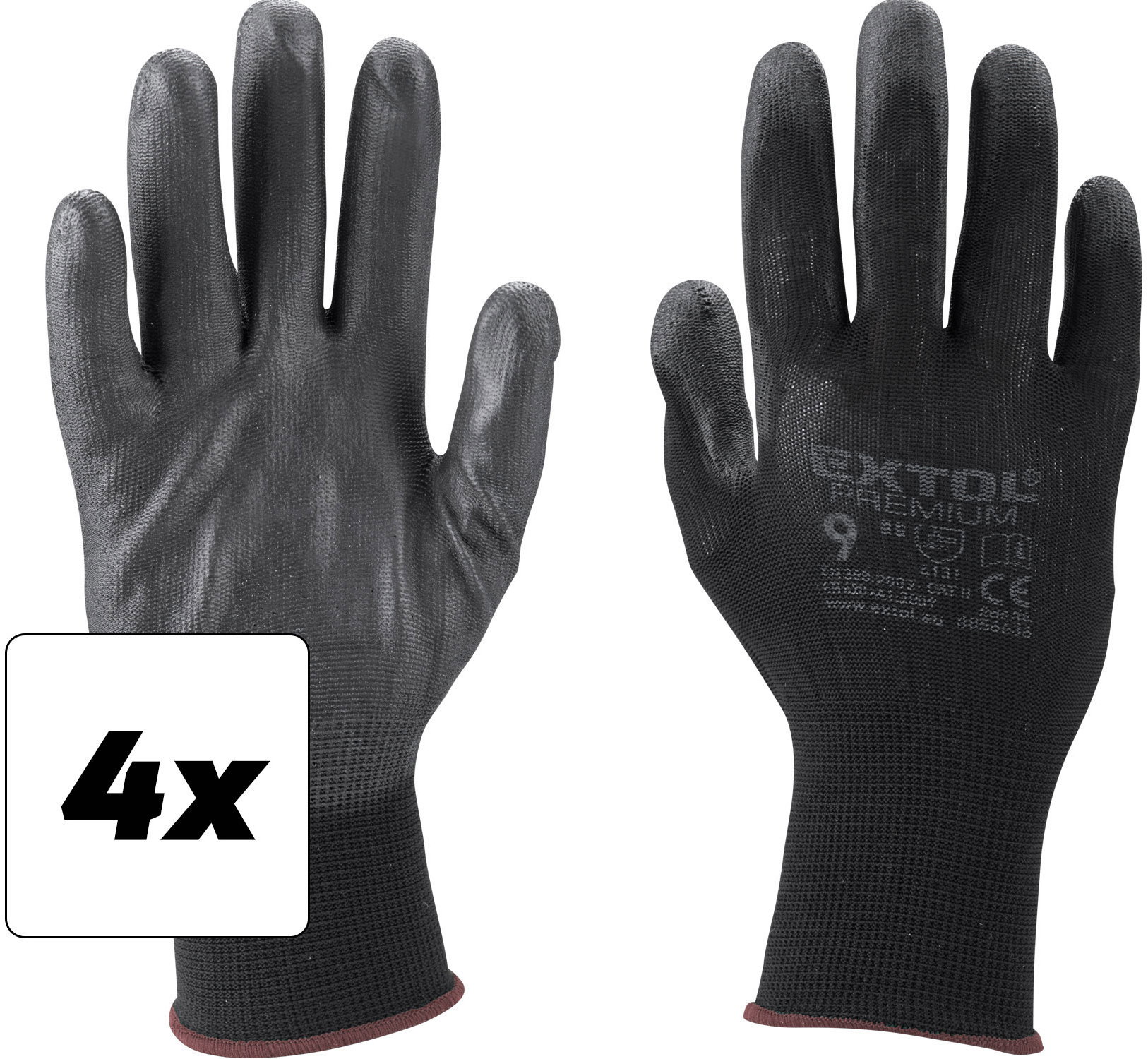 EXTOL PREMIUM Gloves made of polyester, semi-wet in PU, black, size 9", set of 4