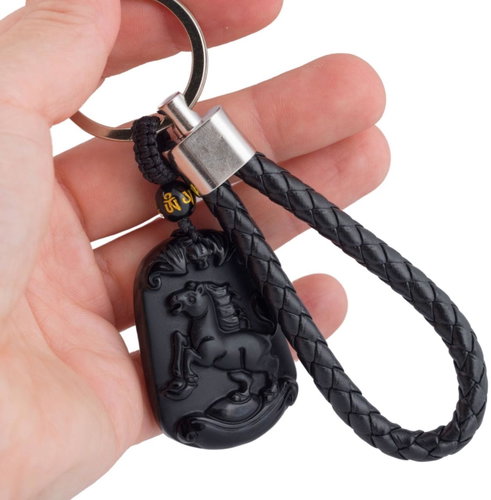 Feng Shui Harmony Black stallion keychain with obsidian horse - Keychain - Main image