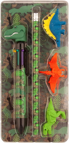 FLEXIO Dino - multi-coloured pen, pencil HB and 3 erasers - Writing Set - Main image
