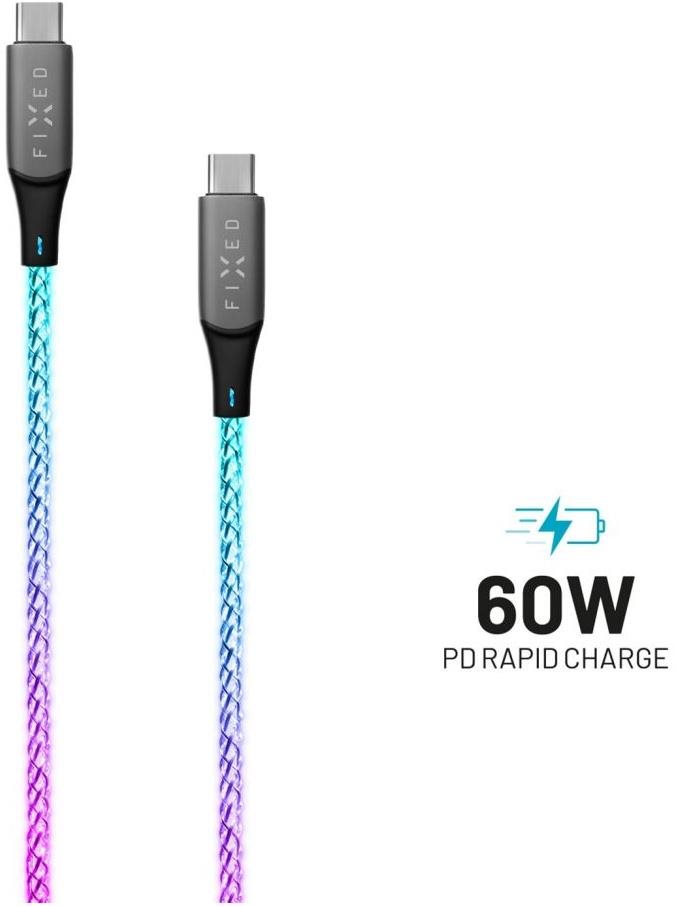 FIXED LED Cable USB-C/USB-C világító hatással és PD támogatással 1,2 méter 60W fonott szivárvány