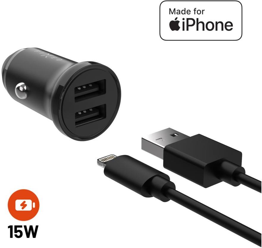 FIXED 2× USB kimenet + USB/Lightning kábel, 1 m, MFi, 15 W, Smart Rapid Charge, fekete
