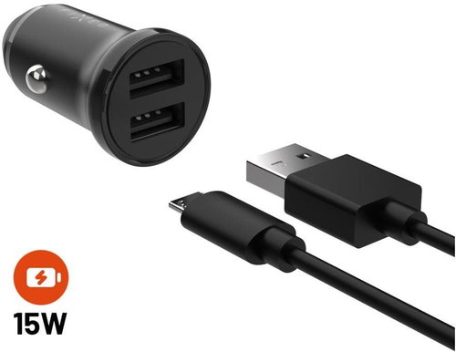 FIXED mit 2xUSB-Ausgang und USB/Micro-USB-Kabel 1 Meter 15W Smart Rapid Charge schwarz - Auto-Ladegerät - Hauptbild
