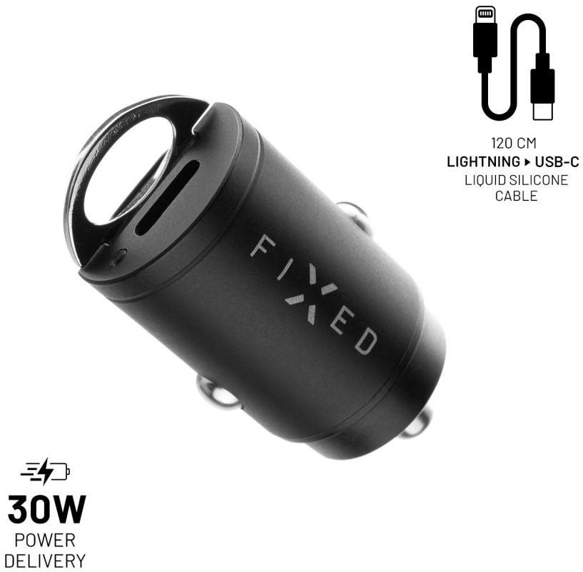 FIXED PD Rapid Charge Car Mini 2xUSB-C kimenet, USB-C/Lightning kábel, 1,2 m, PD 30W, fekete