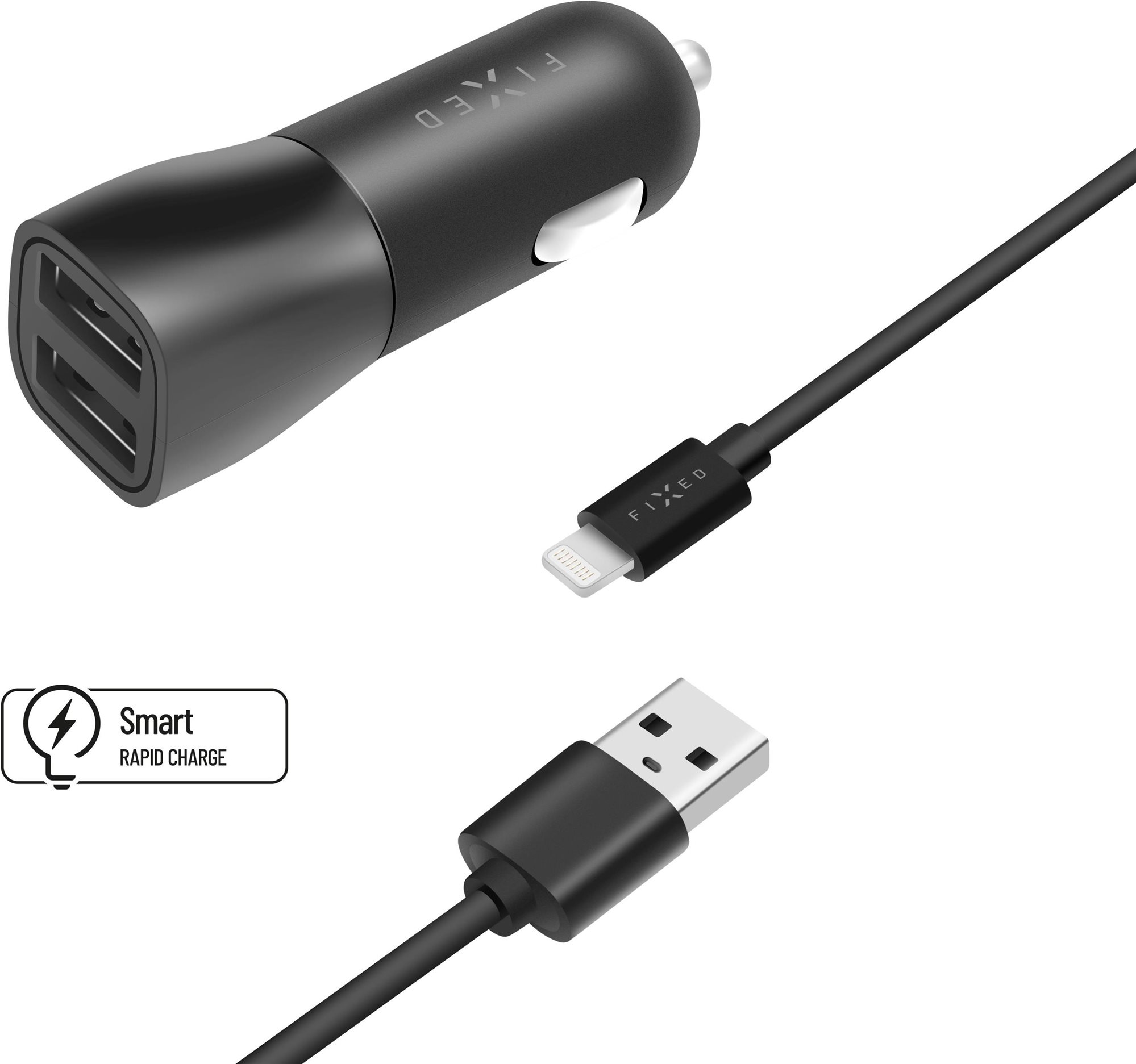 FIXED Smart Rapid Charge 2xUSB kimenet, USB/Lightning kábel, 1 m, MFI tanúsítvány, 15W, fekete