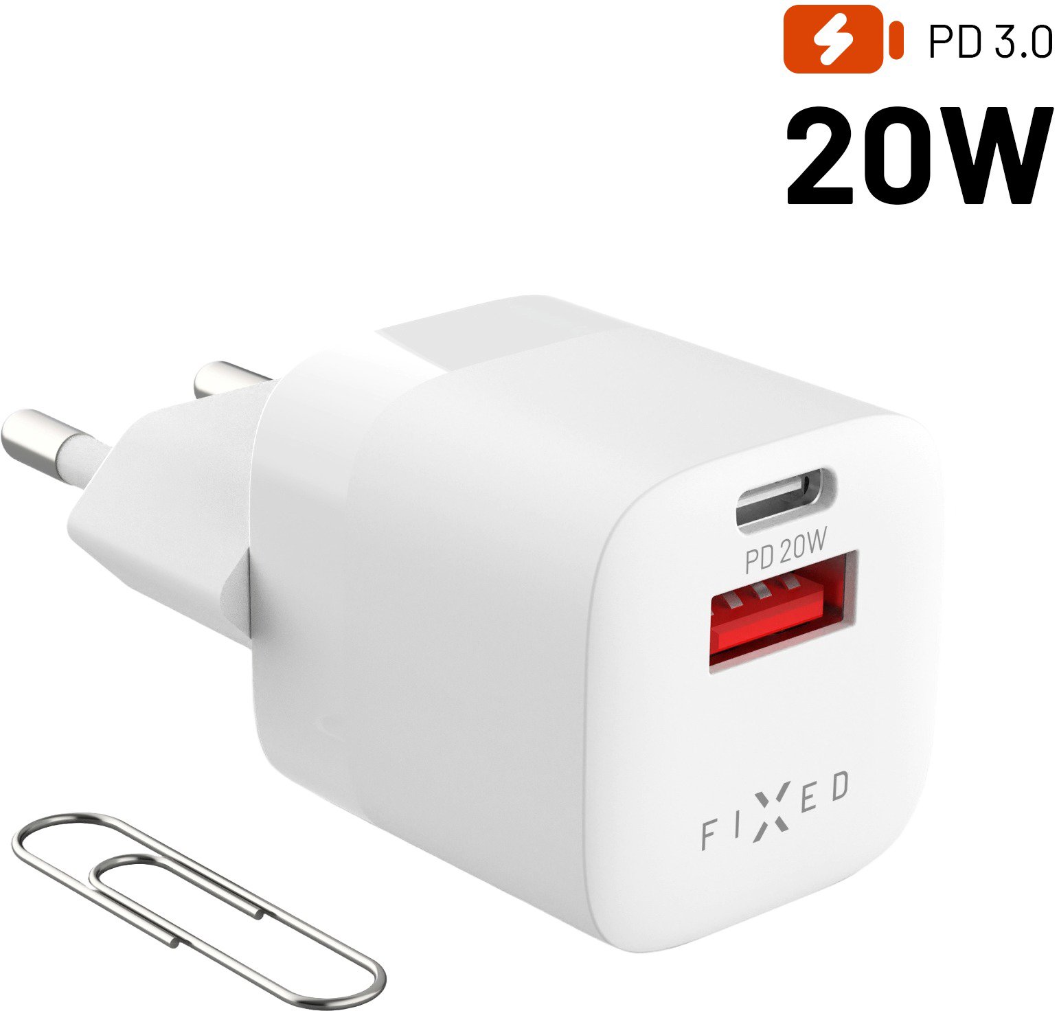 FIXED PD Rapid Charge Mini USB-C + USB - PD, QC 3.0, 20W, fehér