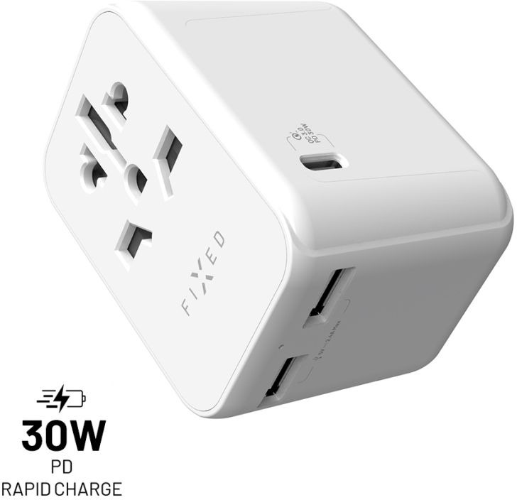 FIXED Travel GaN Adapter EU UK USA / AUS 1 x USB-C + 2 x USB - PD, 30W, fehér