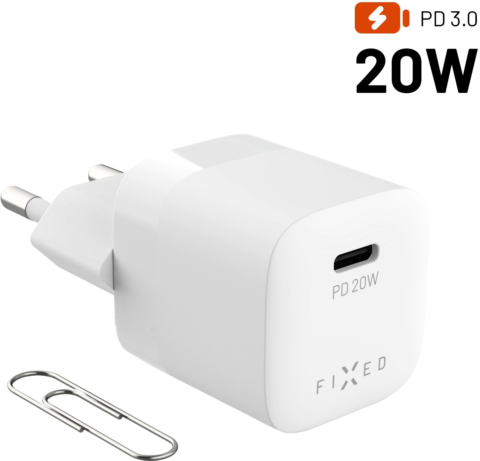FIXED Mini Töltő, USB-C kimenet, PD 20 W, fehér