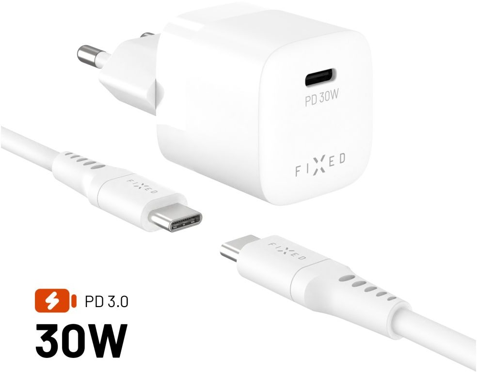 FIXED Mini GaN Hálózati töltő, USB-C kimenet, USB-C/USB-C kábellel, 1,2 m, PD 30 W, fehér