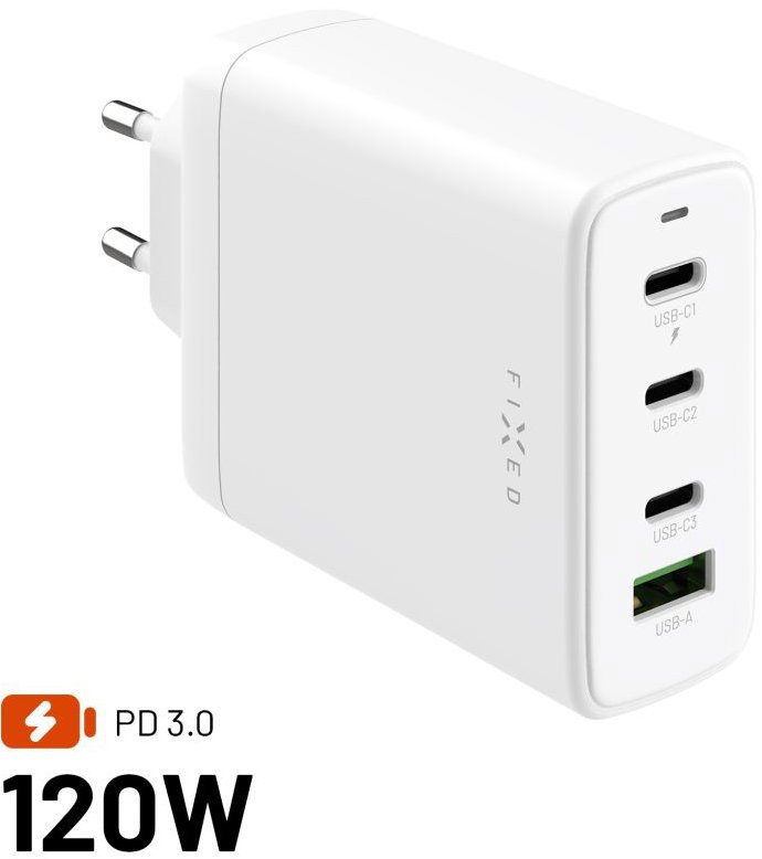 FIXED GaN Töltő adapter, 3× USB-C és USB kimenet, PD 3.0 120 W, fehér