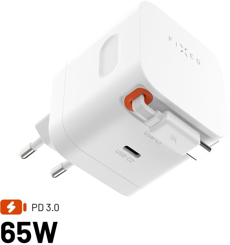 FIXED GaN, 2×USB-C, visszahúzható kábel, PD 3.0 támogatás, 65 W, fehér