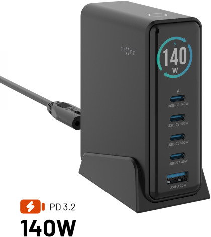 FIXED GaN Station 140W s displejem 4x USB-C/USB PD 3.2 černá - Wall Charger - Main image