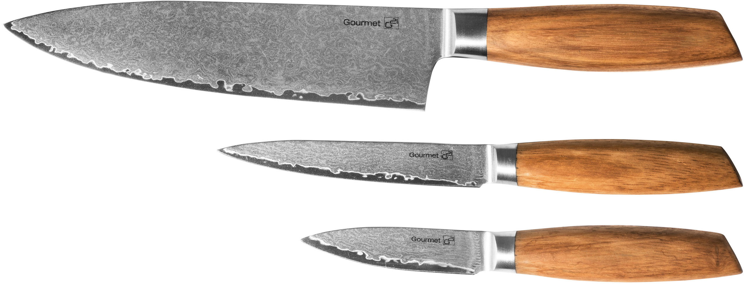 G21 Gourmet Damascus Small Box Késkészlet, zebrafa markolat, 3 db