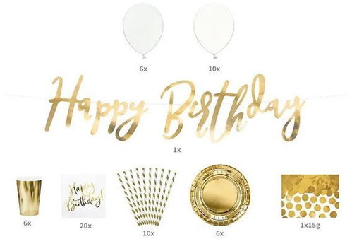 PARTYDECO Párty sada narozeniny Happy Birthday, zlatá, 60 ks - Party Accessories - Main image