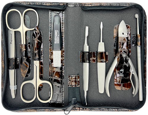GLOBOS Ladies leather manicure set with scissors Solingen 925-89 brown croco - Manicure Set - Main image