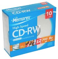 CD-RW přepisovací médium MEMOREX 80min, 700MB, 12x speed, balení 10ks v SLIM krabičce - -