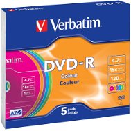 Verbatim DVD-R 4,7 GB 16x sebességes, színes felület, 5 db vékony tok - Média