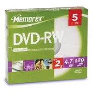 DVD-RW médium MEMOREX 4.7GB 2x speed, balení 5ks v SLIM krabičce - -