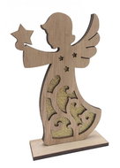 GOBA Vánoční dekorace - dřevěný anděl s hvězdou, zlatý glitr 15 cm - Christmas Decoration