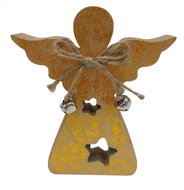GOBA Vánoční dekorace - dřevěný andělíček zlatý, s rolničkou, 12 cm - Christmas Decoration