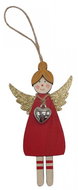 GOBA Vánoční dekorace - závěsná dřevěná andělka, červená se srdcem, 12 cm - Christmas Decoration