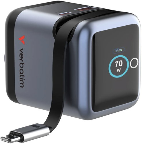 VERBATIM GaN-70 Mini 70W Charger with Display and Integrated Cable - Wall Charger - Main image