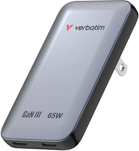 VERBATIM Essentials Slim GaN Charger 65W US/EU/UK - 2× USB-C PD 65W - Black - Wall Charger - Main image