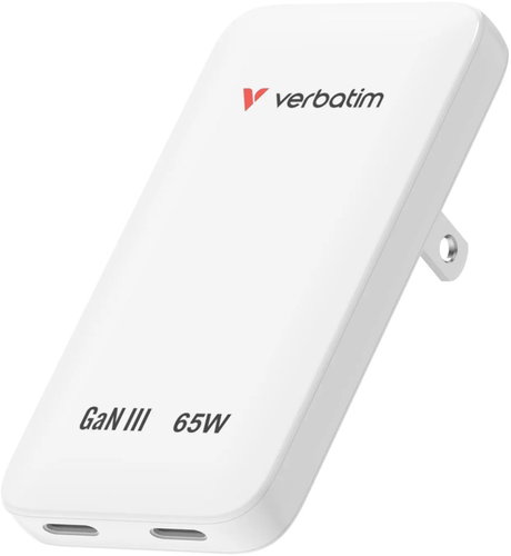 VERBATIM Essentials Slim GaN Charger 65W US/EU/UK - 2x USB-C PD 65W - White - Wall Charger - Main image