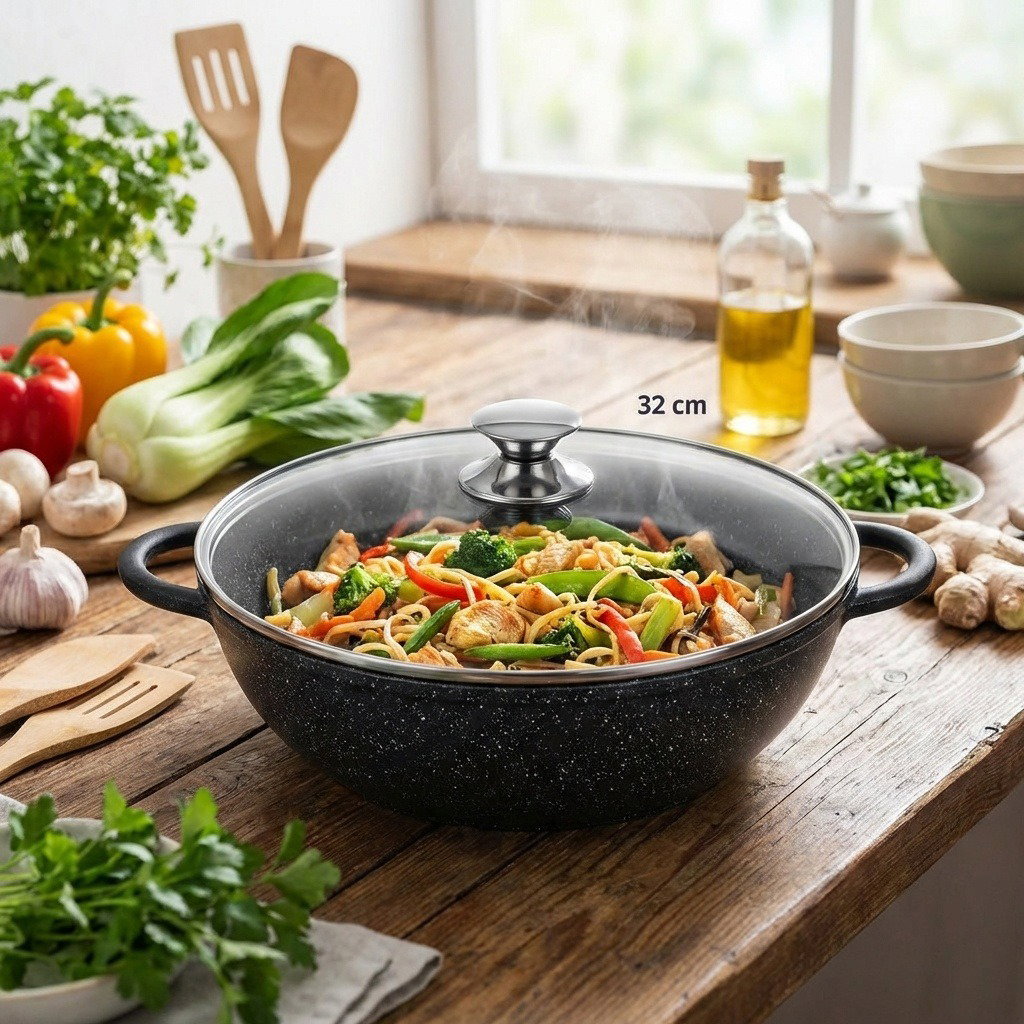GRANDE WOK serpenyő átm. 32 cm, üveg fedő