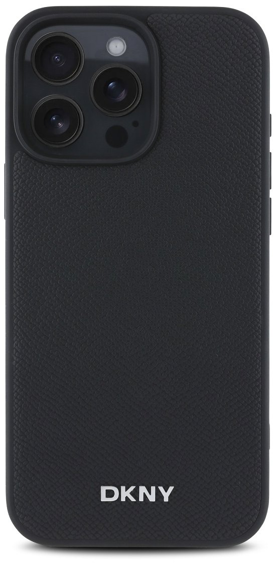 DKNY Silver Metal Logo iPhone 16 Pro fekete PU bőr Magsafe tok