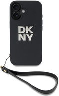DKNY PU Leather Stack Logo Wrist Strap Back Cover for iPhone 16 Black - Phone Cover