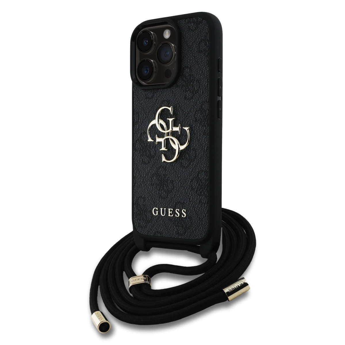Guess PU 4G Metal Logo Crossbody iPhone 16 Pro fekete keresztpántos tok