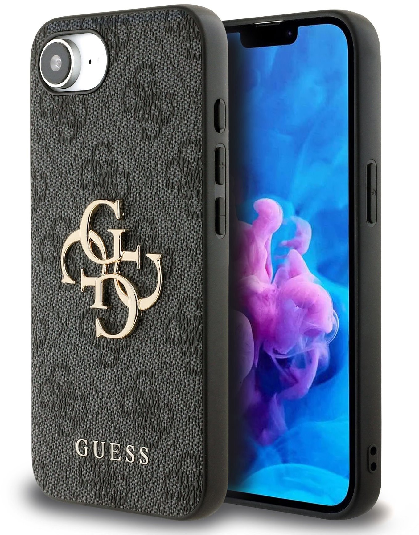 Guess PU 4G Metal Logo iPhone 16e szürke tok