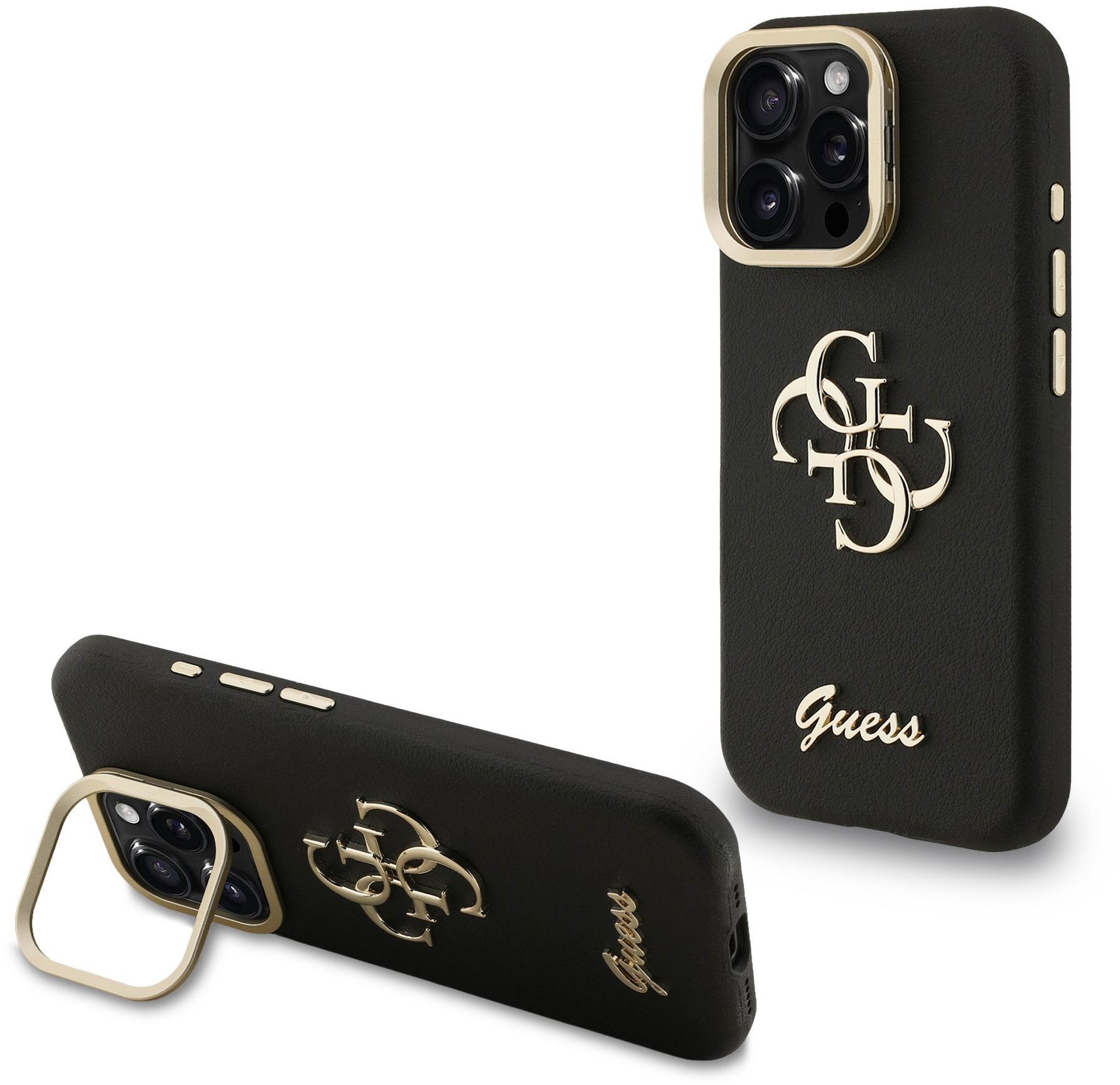 Guess PU Grained 4G Logo Stand Camera Frame iPhone 16 Pro Max fekete tok