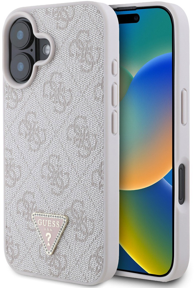 Guess PU 4G Strass Triangle Metal Logo iPhone 16e rózsazsín tok
