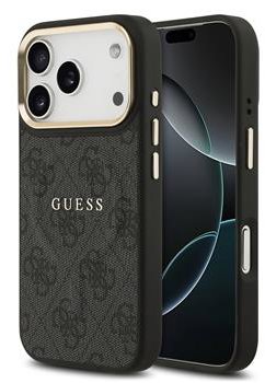 Guess PU Leather 4G Gold Frame iPhone 17 Pro fekete MagSafe tok