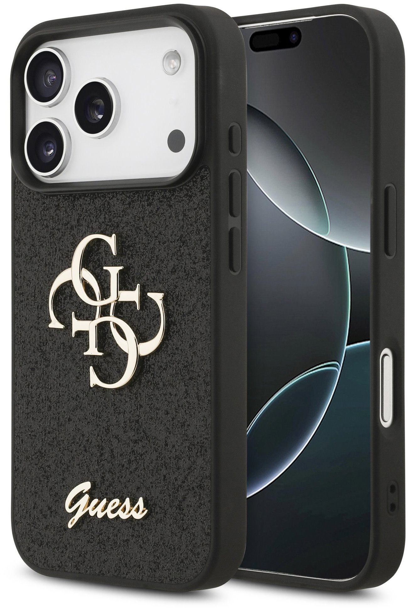 Guess PU Fixed Glitter 4G Metal Logo iPhone 17 Pro fekete tok
