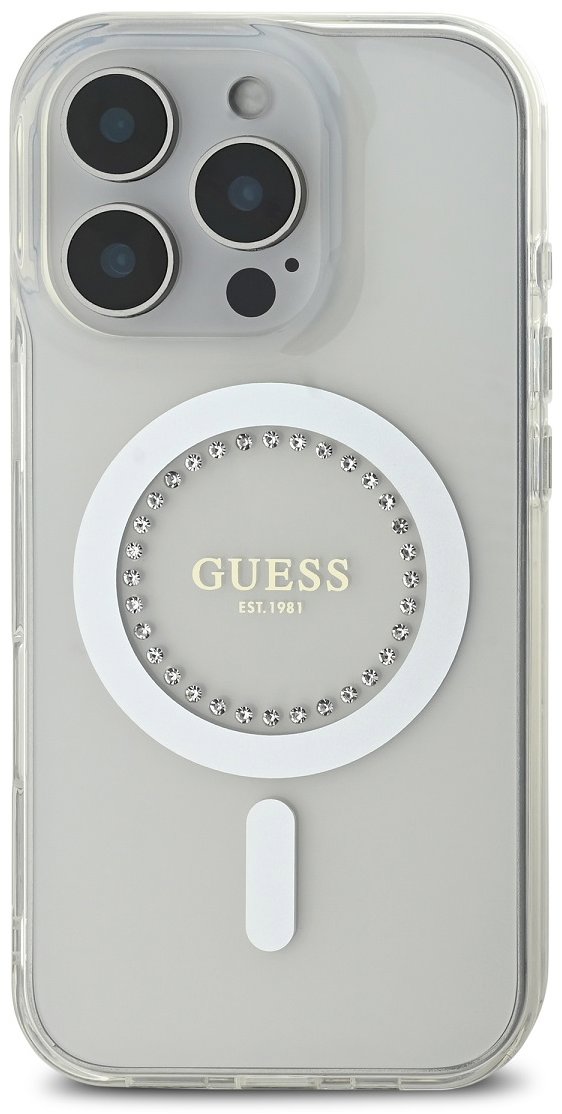 Guess IML Rhinestones Ring iPhone 16 Pro fehér MagSafe tok
