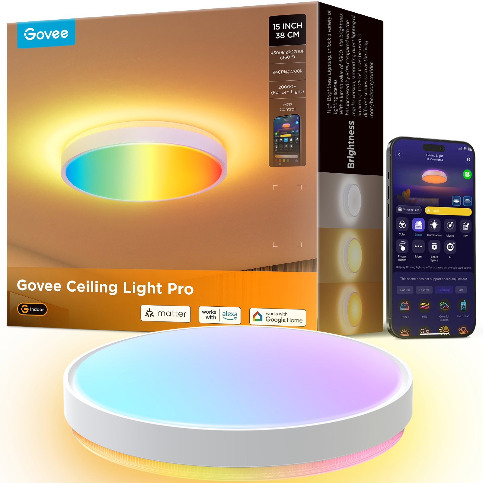 Govee RGBICWW Smart Duál mennyezeti lámpa, Matter, 4300 lm, 38 cm