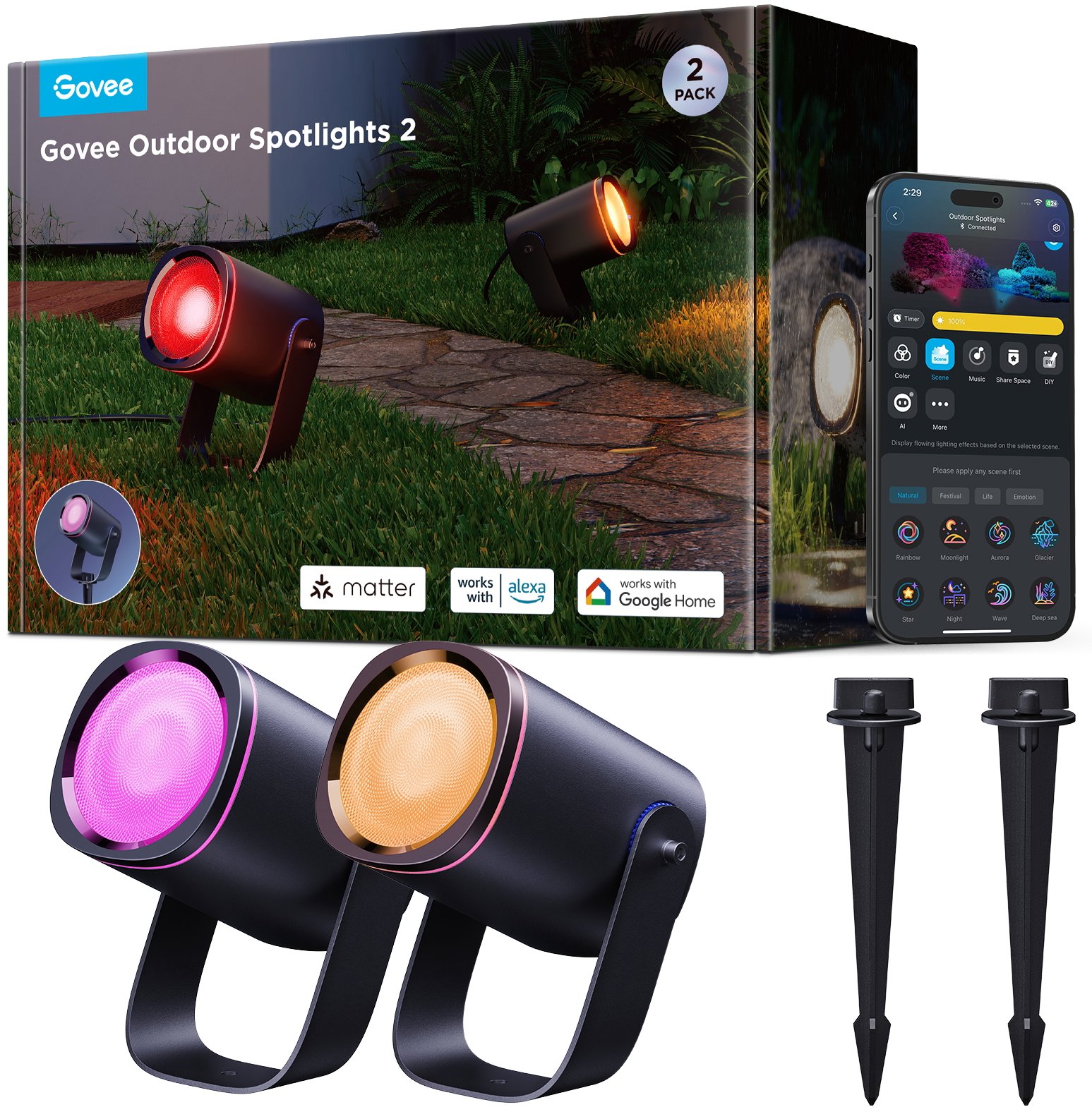 Govee RGBWW Smart Kerti reflektor, 750 lm, Matter, 2 db