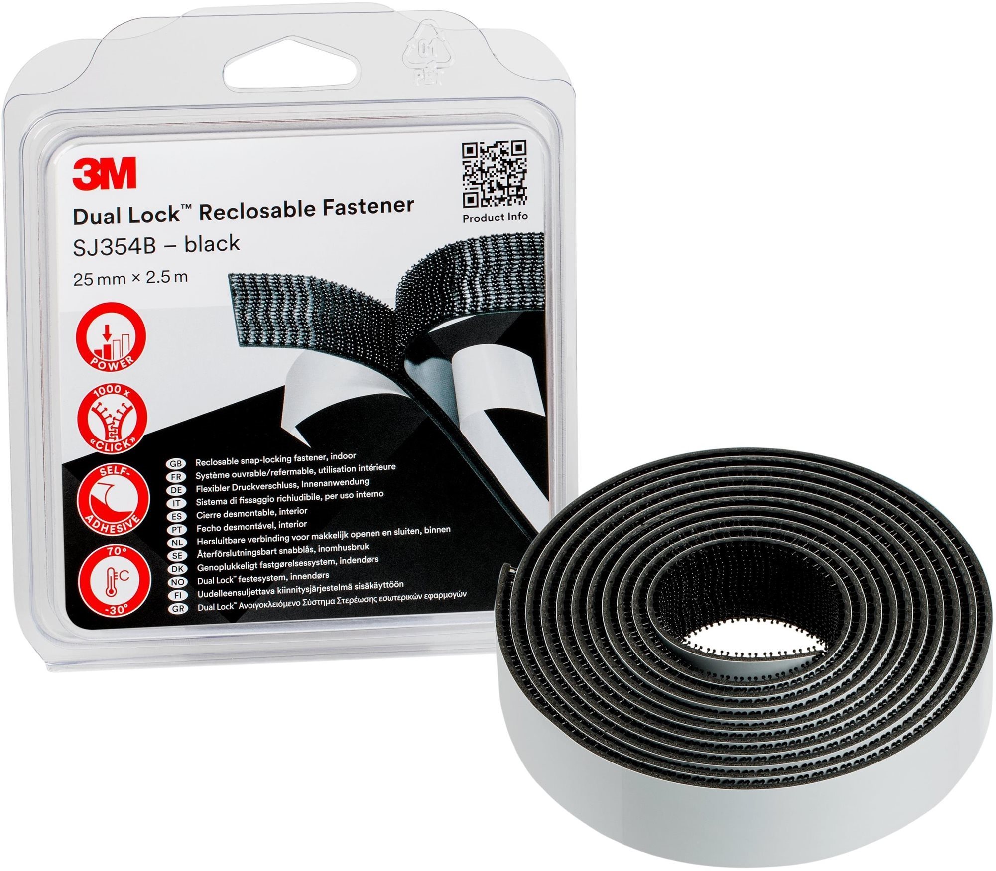 3M™ Dual-Lock™ öntapadó tépőzár SJ354B, fekete, 25 mm x 2,5 m bliszter csomagolásban