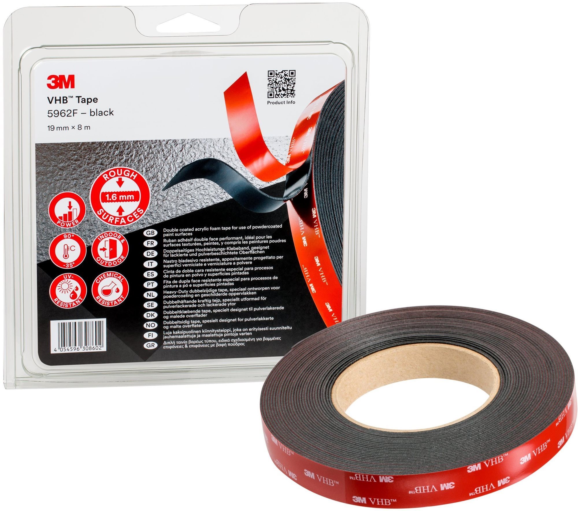 3M™ VHB™ kétoldalas, erősen ragadó akril szalag 5962F, szürke-fekete, 19 mm x 8 m