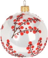H&L Vánoční ozdoba koule lesklá 8cm, bílá s červenou, jeřabina větev - Vánoční ozdoby