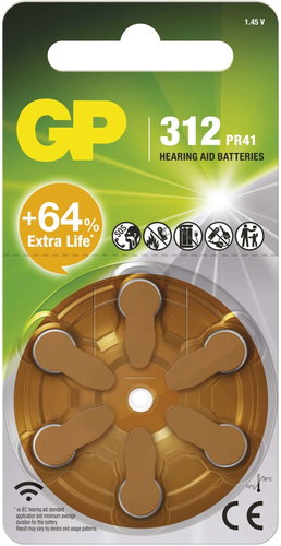 GP ZA312 (PR41) hearing aid batteries, 6 pcs - Button Cell - Main image