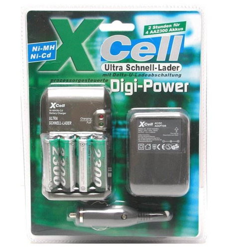 X-CELL DigiPower univerzální rychlonabíječka NiCd/NiMH + 4 Ks AA NiMH 2300mAh, vč. autoadaptéru - Charger and Spare Batteries - Main image