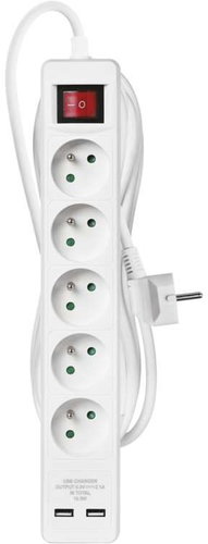 EMOS Extension Cable with Switch - 5 Sockets, 3m, White, 2× USB - Extension Cable - Main image