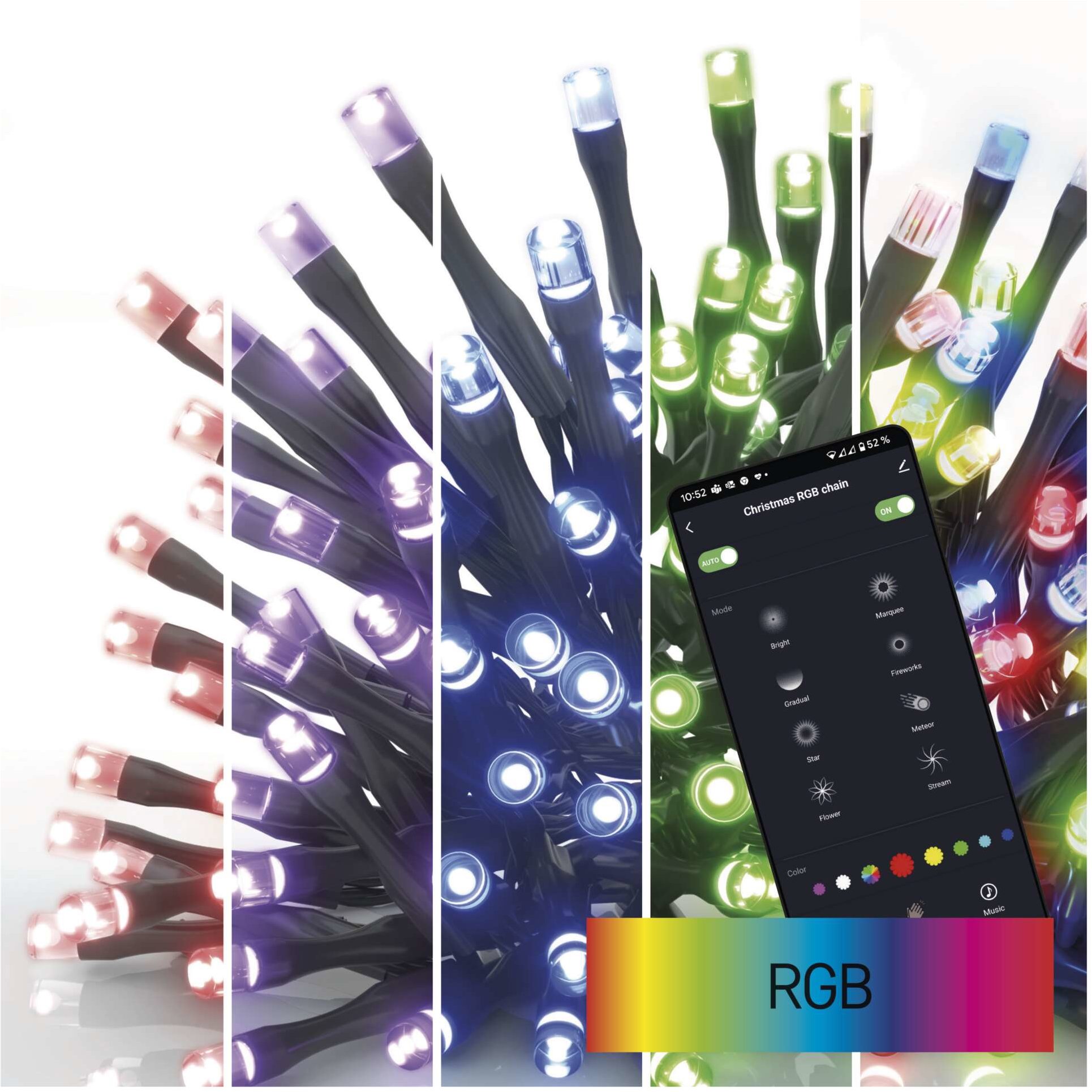 EMOS GoSmart LED karácsonyi fényfüzér, 12 m, kültéri és beltéri, RGB, programok, időzítő, Wi-Fi